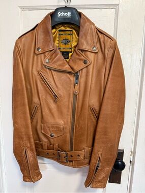 Schott NYC Tan Leather Asymmetric Moto Jacket